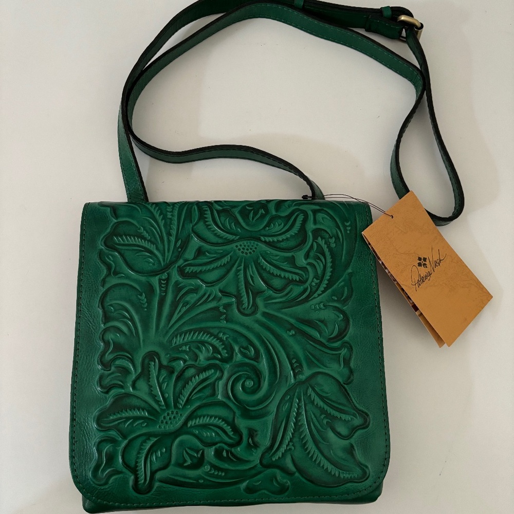 Patricia Nash Granada Soft Green Floral Tooled Leather Flap Purse Crossbody Bag
